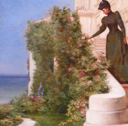 Jessie Marian ISAACS, Woman Picking a Rose in Front of a Castle, painting, New York, 1892