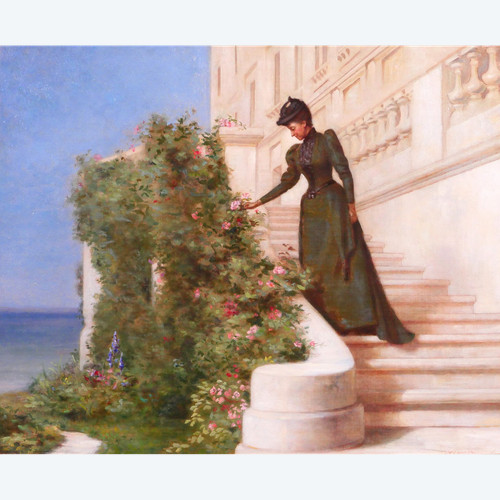 Jessie Marian ISAACS, Woman Picking a Rose in Front of a Castle, painting, New York, 1892