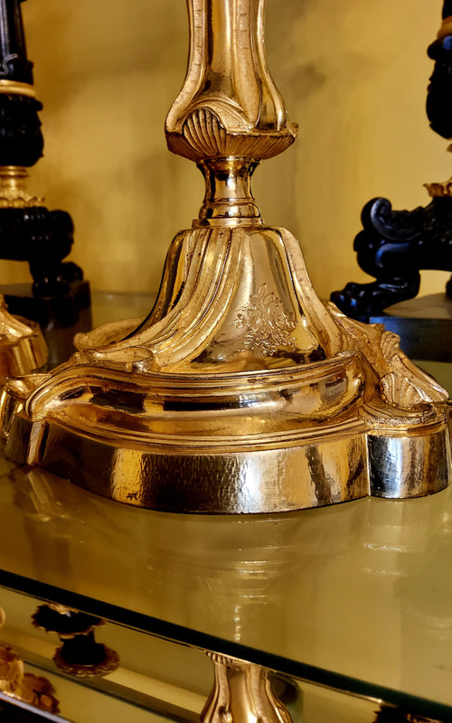 Pair of Candlesticks in Chiseled and Gilded Bronzes - Louis XV Style 