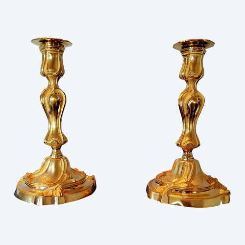 Pair of Candlesticks in Chiseled and Gilded Bronzes - Louis XV Style 