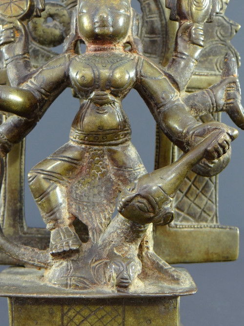 India, 17th Century Or Earlier, Bronze Group Representing The Goddess Durga.