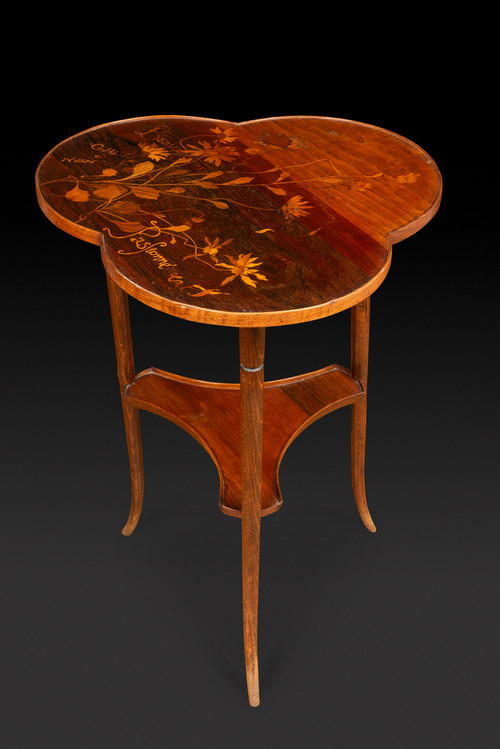 Art Nouveau Guéridon with Trillobed Top in Marquetry Decorated with Flowers by ÉMILE GALLÉ: