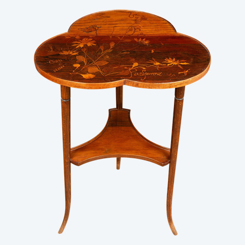 Art Nouveau Guéridon with Trillobed Top in Marquetry Decorated with Flowers by ÉMILE GALLÉ: