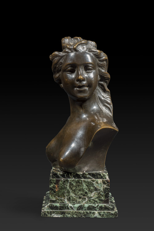 « Buste de jeune femme » en bronze de JEF LAMBEAUX (1852-1908) :