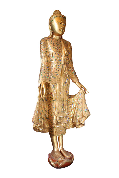 A large standing Buddha in gilded and inlaid wood, Thailand, 20th century 