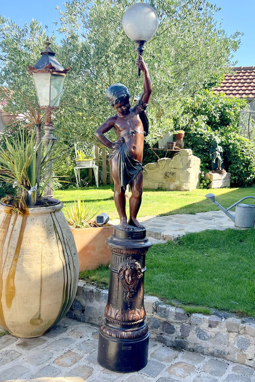 ANTOINE DURENNE 1822-1895 / CHERUBIN TORCHERE HOLDER IN POLYCHROME PATINATED CAST IRON