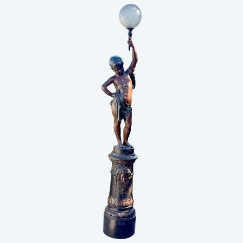 ANTOINE DURENNE 1822-1895 / CHERUBIN TORCHERE HOLDER IN POLYCHROME PATINATED CAST IRON