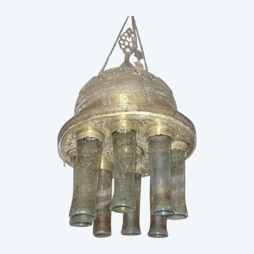 19th century mosque lamp fitted with 6 caligraphed glasses, openwork brass