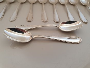 12 Moka spoons , silver , Filet , XX°.