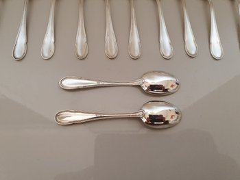 12 Moka spoons , silver , Filet , XX°.