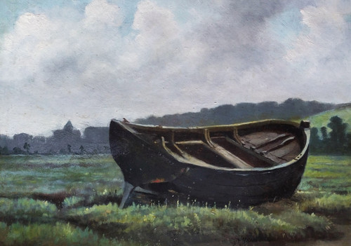 Oil Painting  Landscape At The Boat 19th Centuty