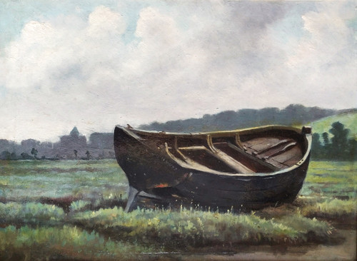 Oil Painting  Landscape At The Boat 19th Centuty