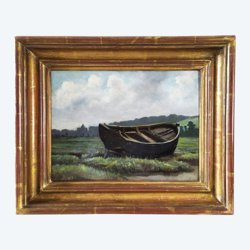 Oil Painting  Landscape At The Boat 19th Centuty