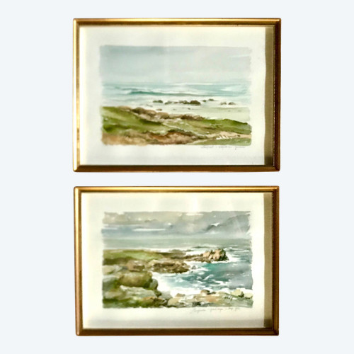 Two watercolors of coastal landscapes Brittany Porspoder and Gouérou Lampaul Plouarzel by R. FILY