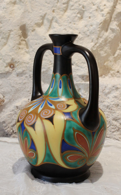 Vase with two handles in glazed ceramic, Holland circa 1930