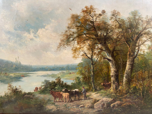 "Paysage aux vaches", großes Öl auf Leinwand 19. Jahrhundert signiert E.Perrier