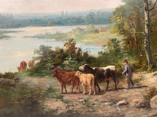 "Paysage aux vaches", großes Öl auf Leinwand 19. Jahrhundert signiert E.Perrier