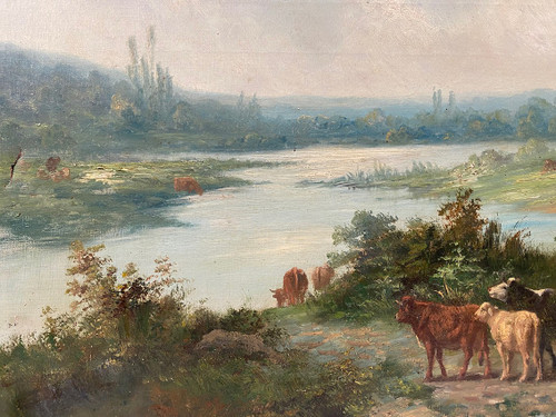 "Paysage aux vaches", großes Öl auf Leinwand 19. Jahrhundert signiert E.Perrier