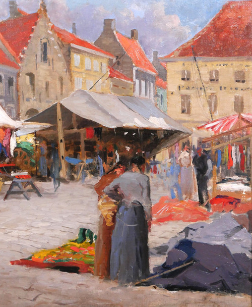 Jules Cran painting market Belgium Nieuwpoort impressionism Art Nouveau