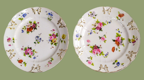 Pair Plates In Hand-painted Porcelain With Flowers Roses 19th c