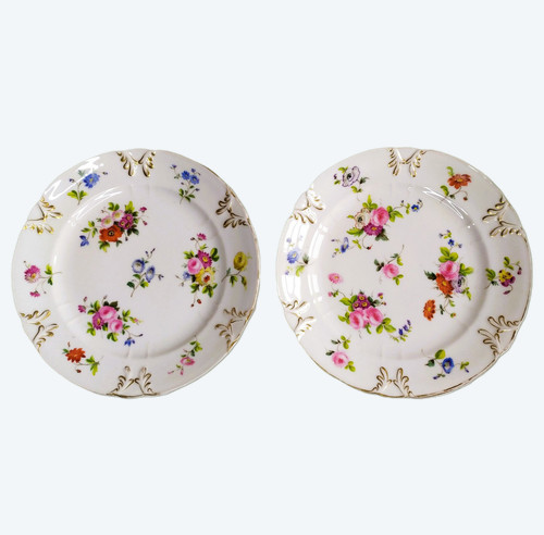 Pair Plates In Hand-painted Porcelain With Flowers Roses 19th c