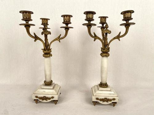 Pair of ormolu and white marble candelabra in the Louis XVI style