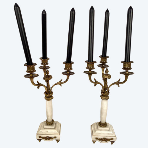 Pair of ormolu and white marble candelabra in the Louis XVI style