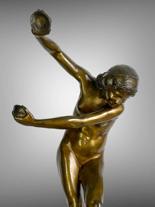 Grande ballerina in bronzo con cimbali firmata Dupuy Fondeur timbro Susse Frères