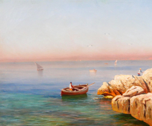 François GAUTIER Barcaccia, Marsiglia, dipinto paesaggio marino barca pesca Provenza