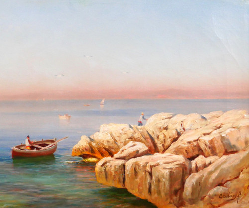 François GAUTIER Barcaccia, Marsiglia, dipinto paesaggio marino barca pesca Provenza