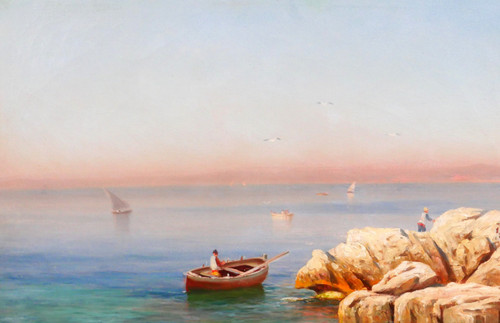 François GAUTIER Barcaccia, Marsiglia, dipinto paesaggio marino barca pesca Provenza