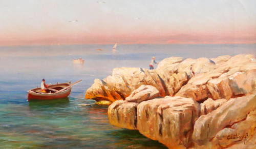 François GAUTIER Barcaccia, Marsiglia, dipinto paesaggio marino barca pesca Provenza