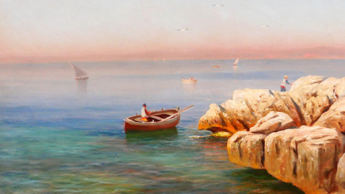 François GAUTIER Barcaccia, Marsiglia, dipinto paesaggio marino barca pesca Provenza