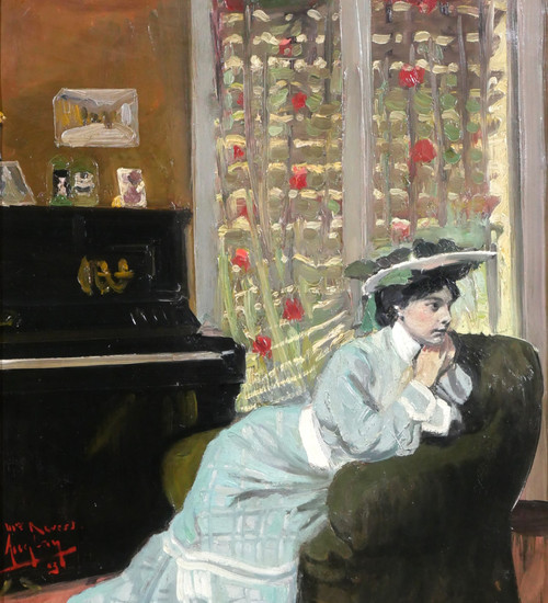 Auguste AUGLAY 1876-1920 Sitzende Frau in ihrem Interieur am Klavier, Gemälde, 1903