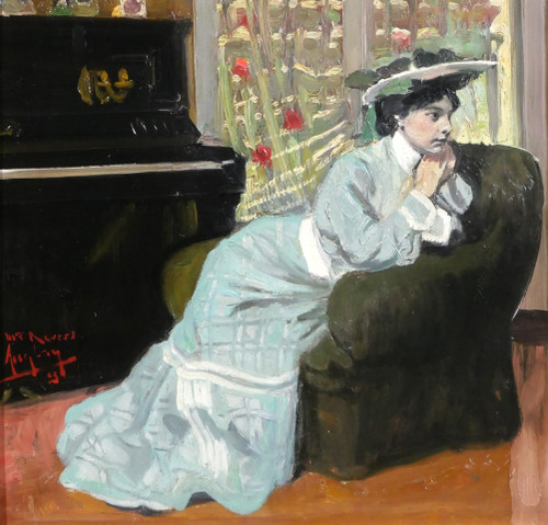 Auguste AUGLAY 1876-1920 Sitzende Frau in ihrem Interieur am Klavier, Gemälde, 1903