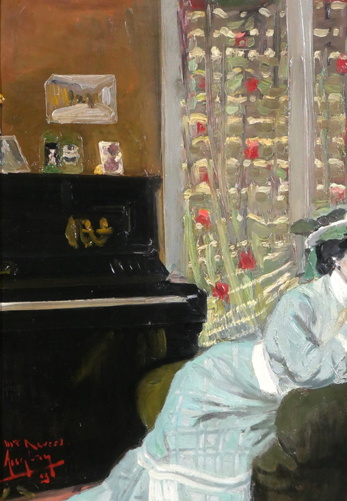 Auguste AUGLAY 1876-1920 Sitzende Frau in ihrem Interieur am Klavier, Gemälde, 1903