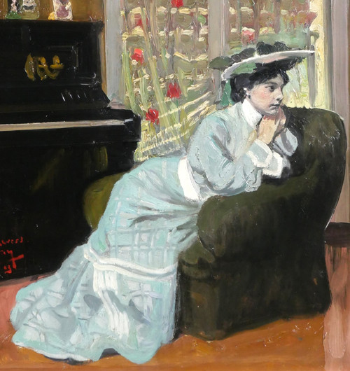 Auguste AUGLAY 1876-1920 Sitzende Frau in ihrem Interieur am Klavier, Gemälde, 1903