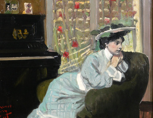 Auguste AUGLAY 1876-1920 Sitzende Frau in ihrem Interieur am Klavier, Gemälde, 1903