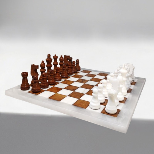 1970s Gorgeous Brown and White Chess Set in Volterra Alabaster Handmade Made in Italy