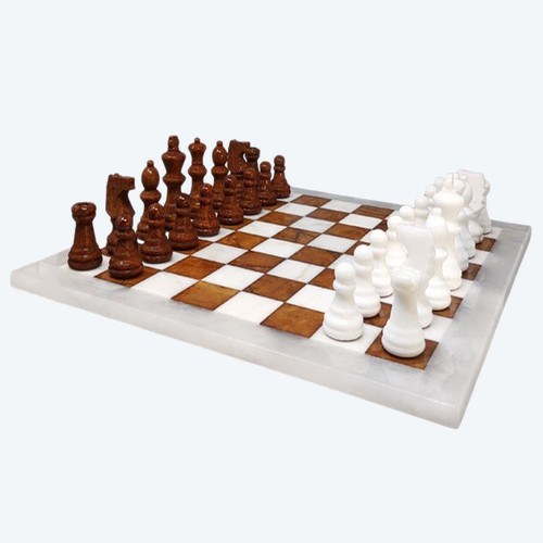 1970s Gorgeous Brown and White Chess Set in Volterra Alabaster Handmade Made in Italy