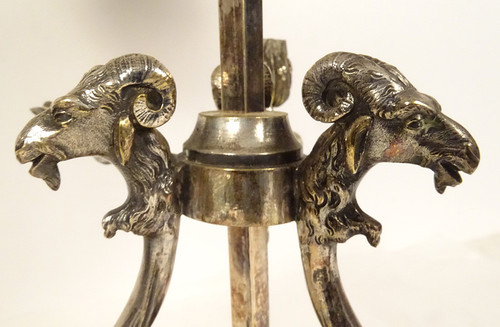 Hot Water Bottle Lamp 3 Lights Silver Bronze Rams Heads Goats Palmettes 19th Century