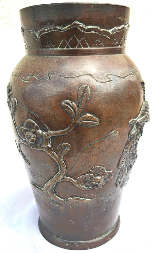 Vase en Bronze Japonais de l'Époque Meiji avec Oiseaux et Fleurs