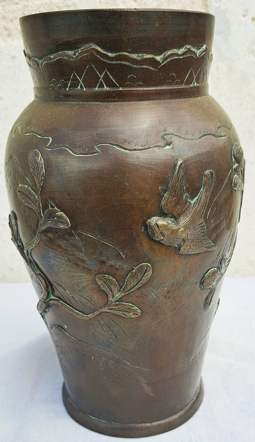 Vase en Bronze Japonais de l'Époque Meiji avec Oiseaux et Fleurs