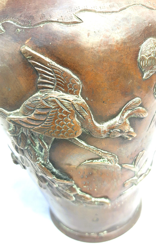 Vase en Bronze Japonais de l'Époque Meiji avec Oiseaux et Fleurs