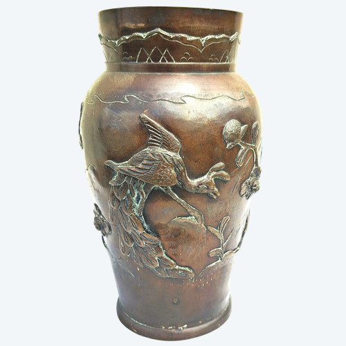 Vase en Bronze Japonais de l'Époque Meiji avec Oiseaux et Fleurs