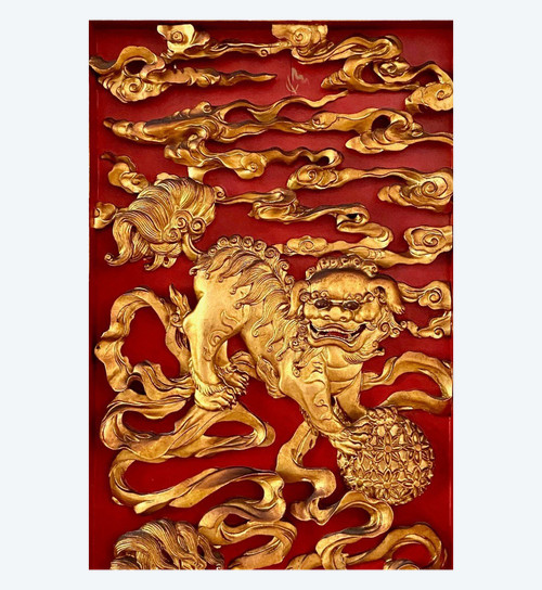 Vietnam, End of the 19th Century, Early From the 20th Century, Carved And Lacquered Wooden Panel With Dogs Of Fo.