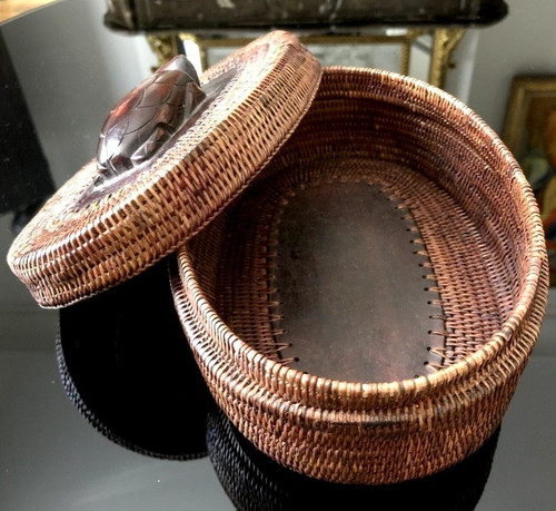 Indonesia, Island of Lombok, Mid-20th Century, Basketry Box. Decorated With A Turtle.