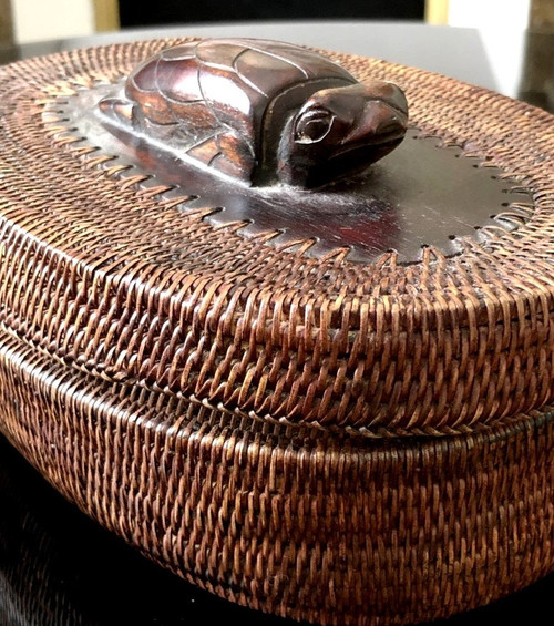 Indonesia, Island of Lombok, Mid-20th Century, Basketry Box. Decorated With A Turtle.