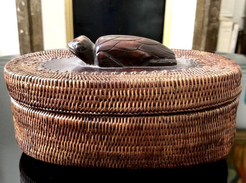 Indonesia, Island of Lombok, Mid-20th Century, Basketry Box. Decorated With A Turtle.