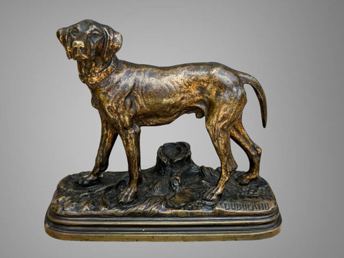 ANCIENT BRONZE SIGNED "ALFRED DUBUCAND 1828-1894" REPRESENTING A HUNTING DOG